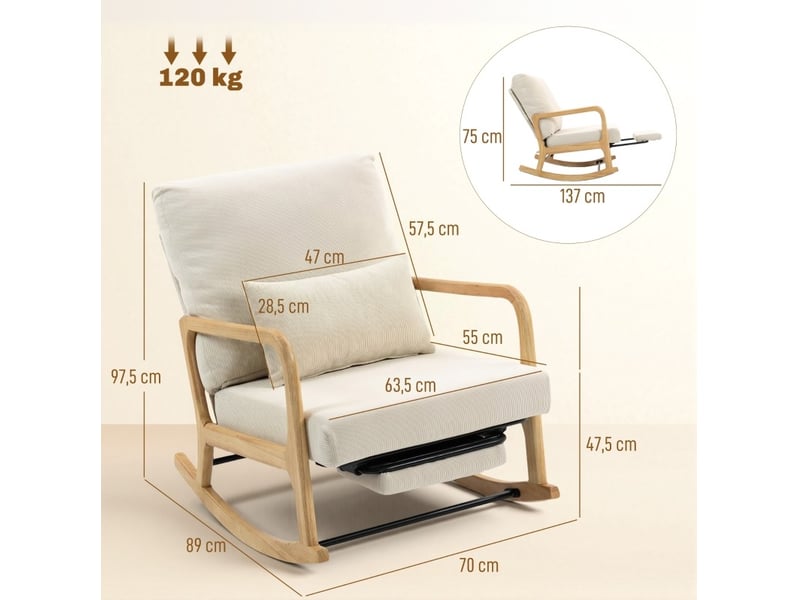  Fauteuil à bascule 89 x 70 x 97,5 cm crème en velours côtelé polyester, dossier réglable et repose-pieds  - Conforama C