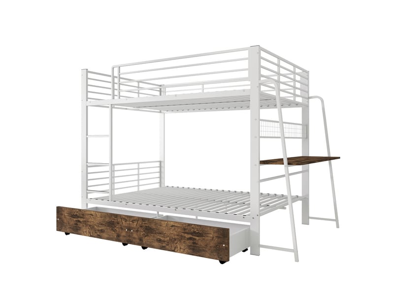 Lit surélevé métallique 140 × 200 cm avec bureau latéral intégré, tiroirs, éclairage led et ports de recharge, adapté aux chambres d’adolescents, blanc - Conforama A