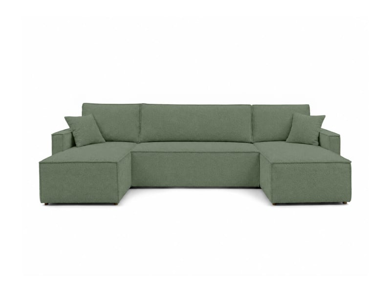  Farah - canapé d'angle panoramique convertible 6 places accoudoirs slim en tissu bouclettes généreuses  - Conforama E