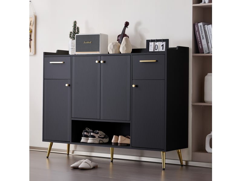  Meuble à chaussures tcqpz 130 x 37 x 100 cm avec 2 tiroirs, 4 portes et niche ouverte, poignées en métal, panneau de particules, noir  - Conforama E
