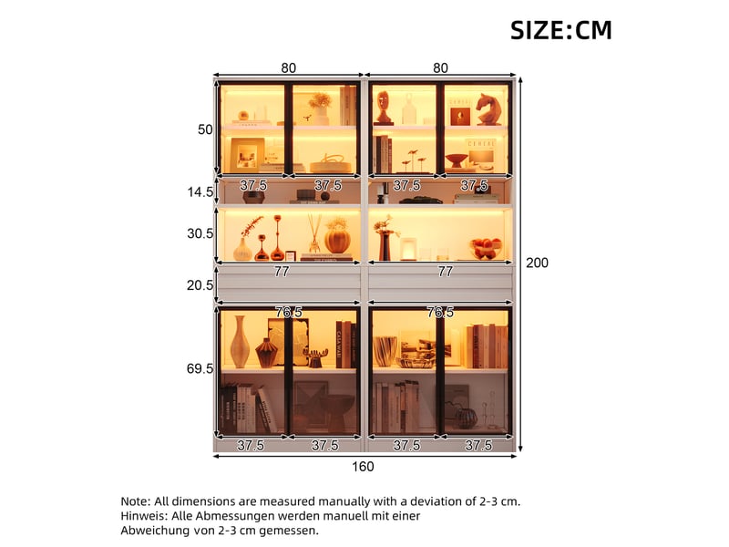  Vitrine blanche mdf 160x35x200 cm, meuble de rangement salon avec 8 portes verre et 2 tiroirs pour collections  - Conforama C