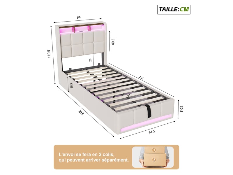  Lit enfant coffre 90x200 cm avec rangements, lit simple, tête de lit à ailes avec niche intégrée, tissu lin beige, sans matelas  - Conforama C