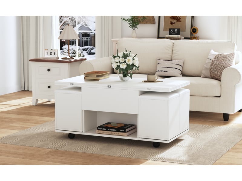  Table basse plateau relevable 3 en 1 avec 4 tabourets, convertible en table à manger, 100x50x48cm, panneau de particules, blanc  - Conforama D
