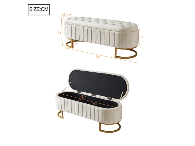  Banc coffre de rangement en velours pieds en métal beige 120 x 39.9 x 43 cm N623P410737A - Conforama C