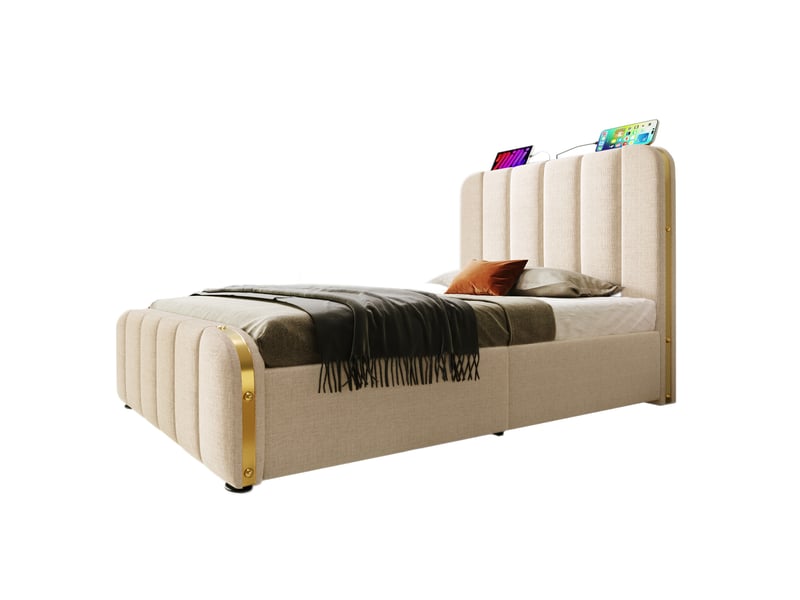 Lit coffre adulte 90x200 cm – beige – rangement hydraulique, usbtype-c et tête de lit rembourrée chic - Conforama A