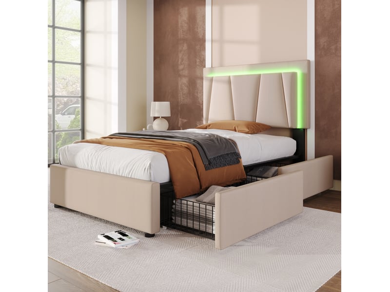  Lit simple 90x200 cm éclairage led et 2 tiroirs en bois beige  - Conforama B