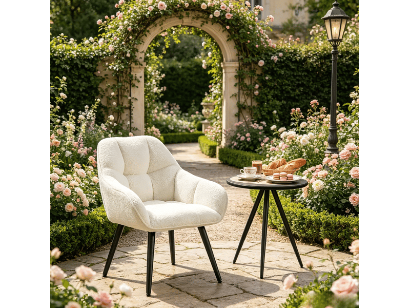  Fauteuil lounge beige avec dossier et accoudoirs, tissu bouclette, pieds en métal  - Conforama B