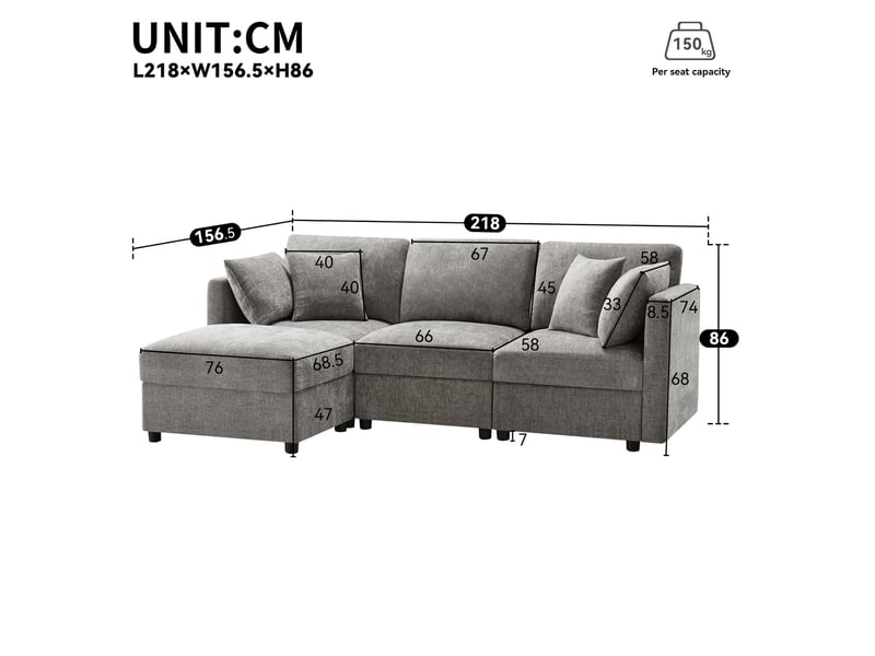  Canapé d’angle modulable gris en chenille avec pouf, 4 coussins et accoudoirs réglables  - Conforama E