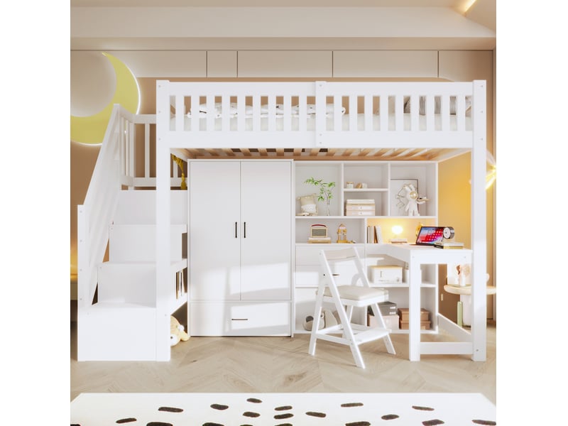  Lit mezzanine, 90x200 cm, rangement, tiroirs, avec armoire, avec bureau, matelas non inclus, bois et mdf, coloris blanc  - Conforama D