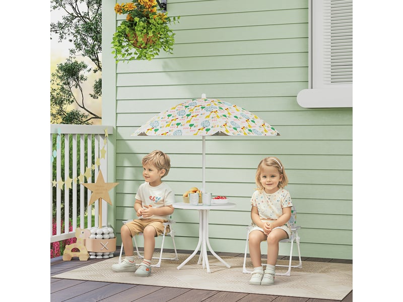 Ensemble salon de jardin extérieur enfant 4 pièces, motif éléphant et girafe, parasol réglable ø 100 cm, chaise pliable  - Conforama B