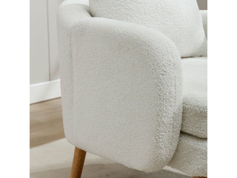  Fauteuil blanc en velours teddy, assise rembourrée avec coussin, structure bois massif et métal, design moderne pour salon  - Conforama R