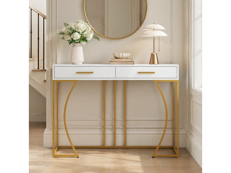  Console à 2 tiroirs, 110 x 32 x 85 cm, mdf + métal, blanc et doré  - Conforama D