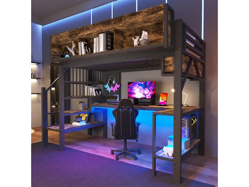  Lit mezzanine enfant  90x200- lit mezzanine avec bureau - bureau d'angle led usb-c et rangement - 1 place marron vintage et noir  - Conforama C