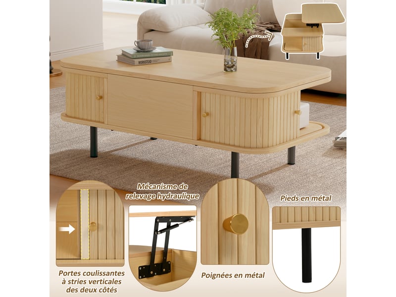  Table basse rectangulaire 101 cm avec rangements, plateau relevable, coffre intégré, 2 portes à rideau, mdf et pieds métalliques, décor bois clair Luxe haut de gamme - Conforama R