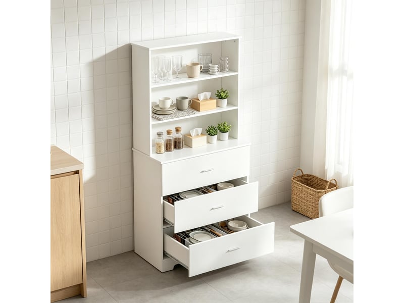  Bibliothèque 3 tiroirs et 3 étagères ouvertes pour salon en panneaux de particules 79×39,5×182,2 cm blanc  - Conforama B