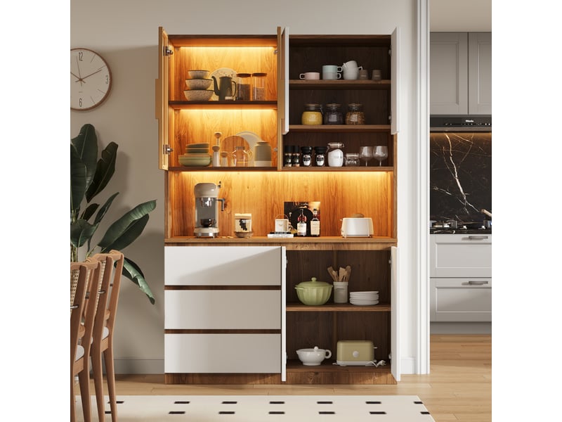  Buffet de cuisine grand vaisselier 120.5x40x180 cm – avec éclairage led multicolore, niche micro-ondes et vitrine - mdf - blanc et bois naturel  - Conforama D