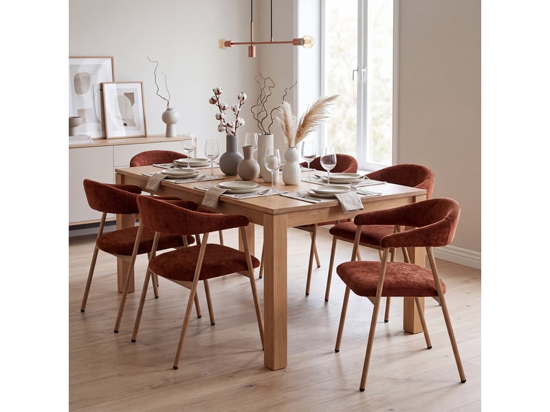  Chaises de salle à manger lot de 6 rembourrée en chenille, pieds en métal effet bois, rouge  - Conforama B