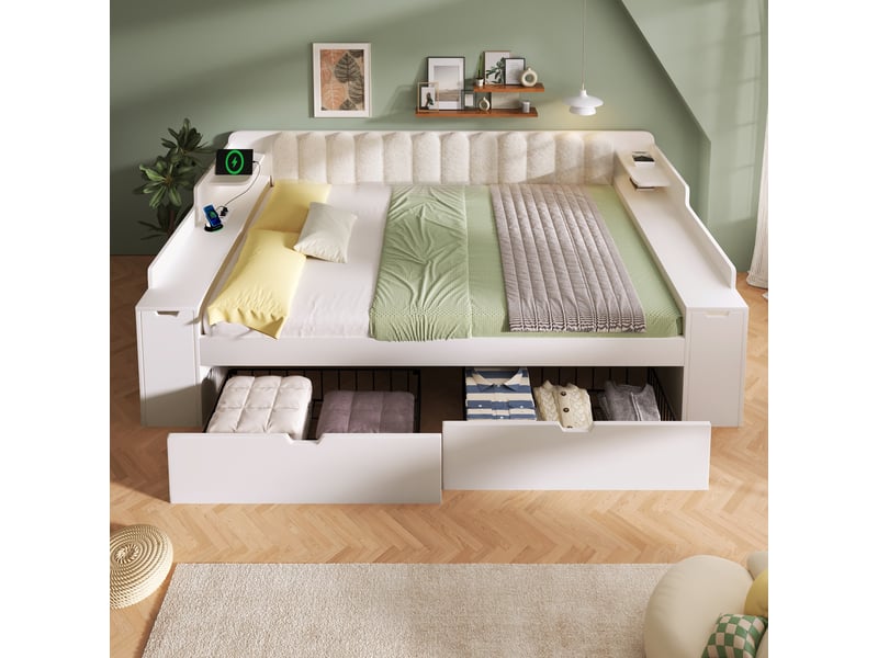  Lit banquette - 140x190 cm - sommier à lattes - 2 tiroirs - rangements intégrés - sur roulettes - prise de charge - blanc CozyNest - Conforama C
