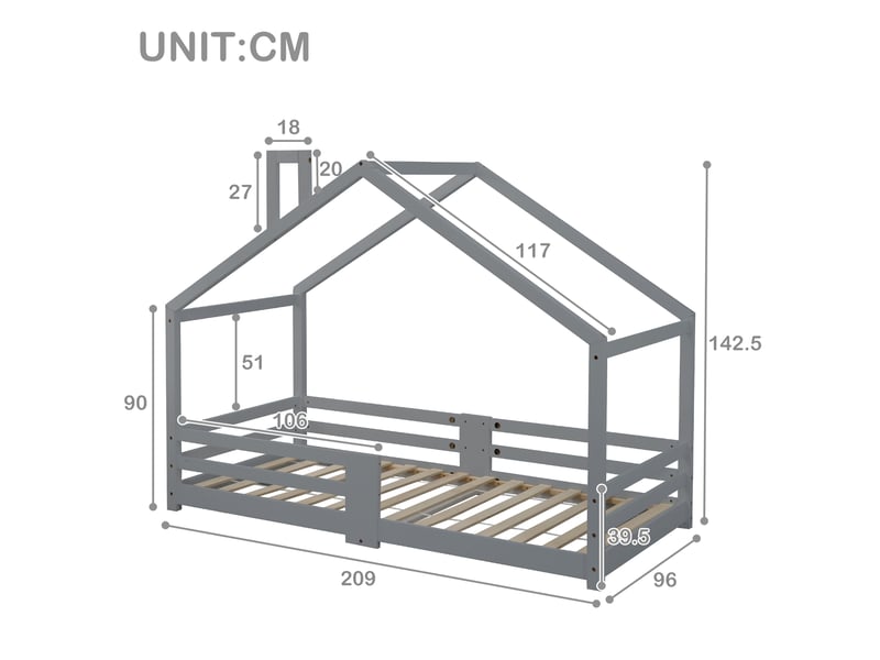  Lit cabane enfant 90x200 cm avec barrières de sécurité et cheminée gris  - Conforama E