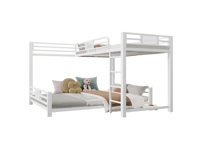  Lit superposé en angle 90x200 sur 140x200 gain de place avec barrières de sécurité en métal blanc  - Conforama A