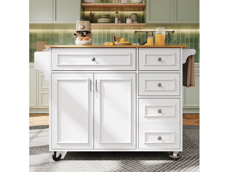  Desserte de cuisine 110 x 75 x 92 cm blanche en mdf, plateau rabattable, rangements modulables sur roulettes  - Conforama B