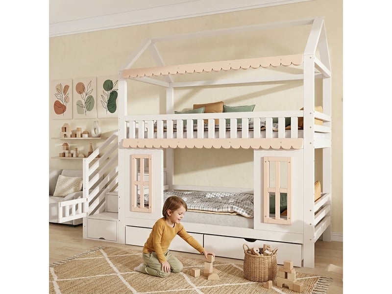  Lit superposé enfant 90x200 cm, lit cabane avec armoire latérale, échelle, 2 tiroirs, fenêtres décoratives, pin et mdf - blanc et naturel  - Conforama E