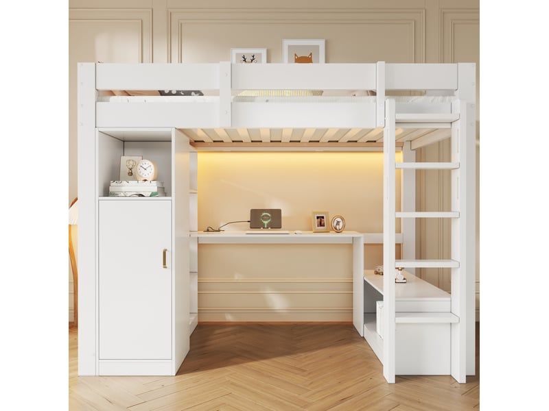 Lit mezzanine 90 × 200 cm avec armoire, étagères, bureau intégré, 2 tiroirs, led et port usb pour chambre  - Conforama D