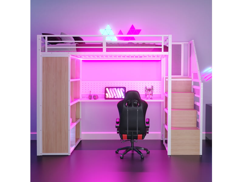  Lit surélevé enfant bois, métal 90x200 cm blanc  - Conforama E