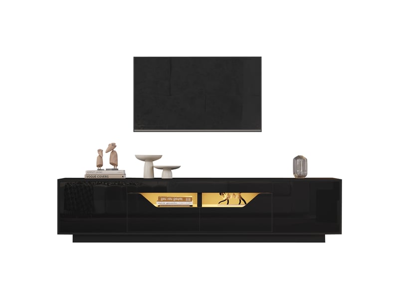  Meuble tv 180 cm avec rangement, led et 2 tiroirs avec placards, design noir brillant moderne pour salon  - Conforama A