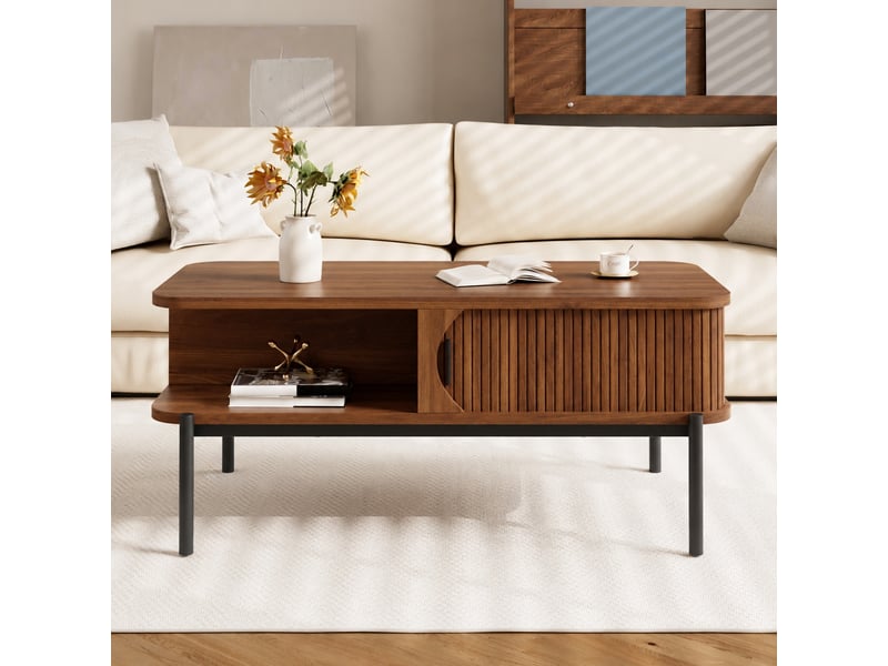  Table basse moderne effet noyer avec rangement et portes coulissantes rainurées, 100 x 45 x 43 cm  - Conforama B