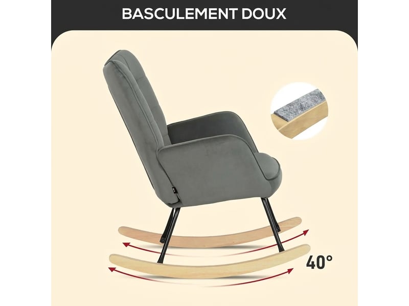  Fauteuil à bascule gris foncé, fauteuil d'allaitement confortable avec accoudoirs, revêtement velours, base en bois, 71x98x101 cm  - Conforama R