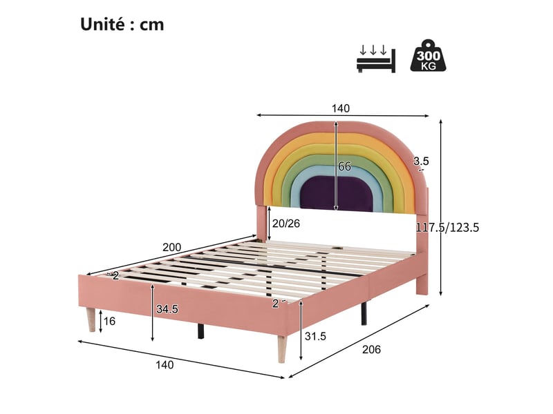  Lit enfant double 140x200 cm, lit capitonné avec tête de lit arc-en-ciel ajustable et velours confortable - chambre fille moderne - rose, sans matelas  - Conforama C
