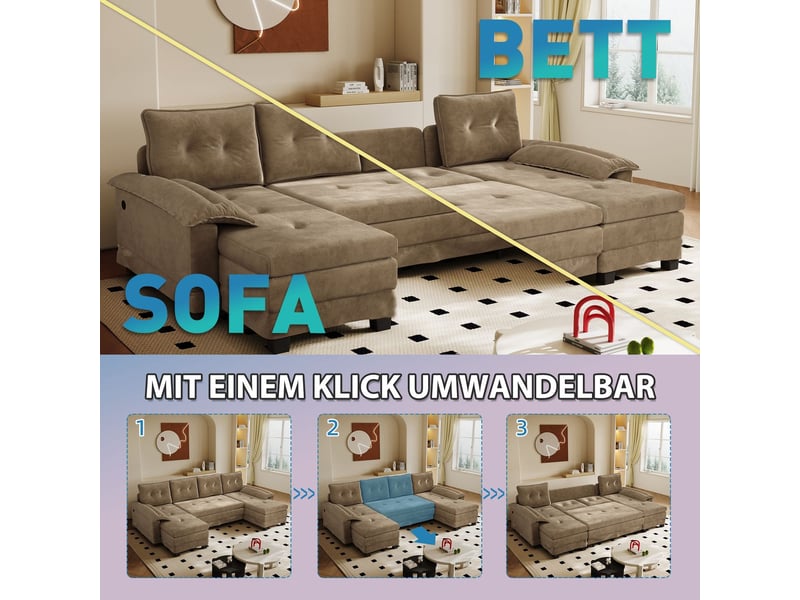 Canapé-lit lit escamotable couchage d'appoint forme en u design modulaire accoudoirs amovibles recharge usb teinte kaki style moderne - Conforama D