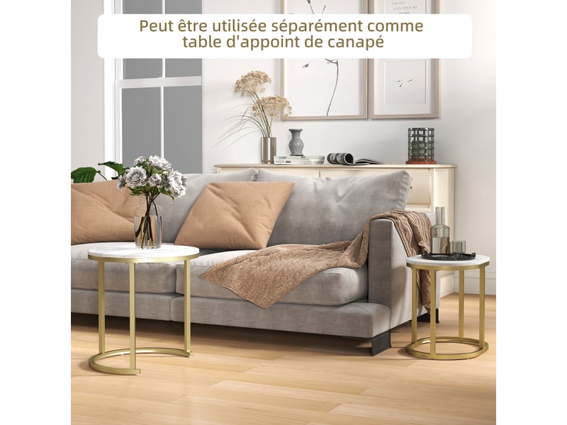  Lot de 2 tables basses tables d'appoint gigognes encastrables structure en acier et plateau en bois aspect or marbre  - Conforama W