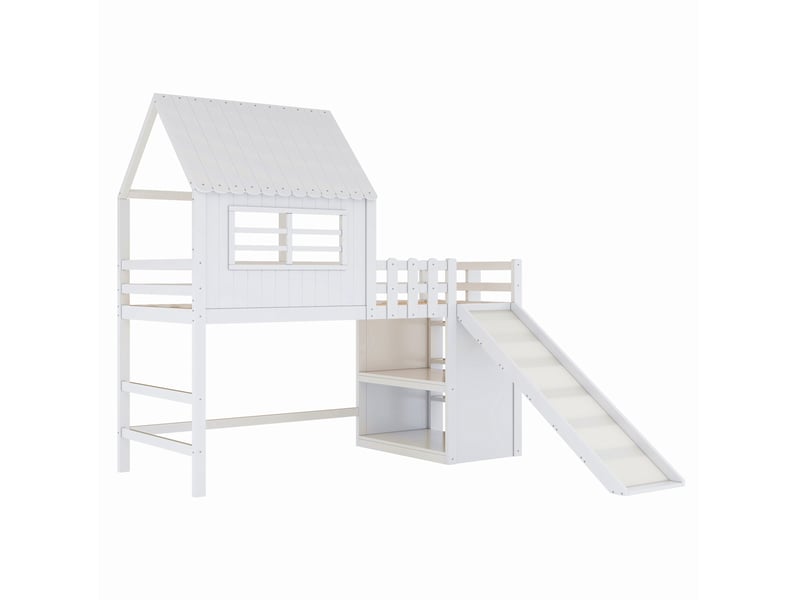  Lit mezzanine enfant 90 × 200 cm avec toboggan, échelle et rangements, sans matelas, bois massif blanc  - Conforama E