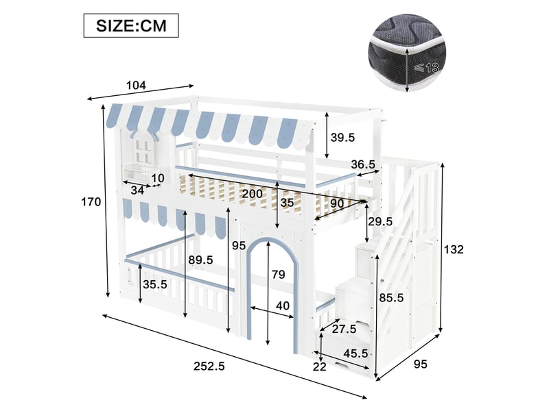 Lit mezzanine enfant 1 place 90×200 cm, escalier de rangement et barrières - sans matelas, bois blanc et bleu - Conforama D