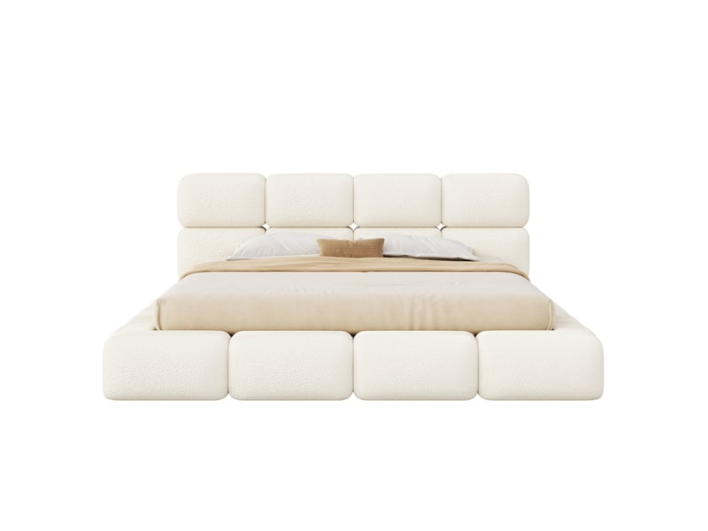  Lit double 200×200 cm avec rangement hydraulique, design bubble, bouclé blanc  - Conforama A