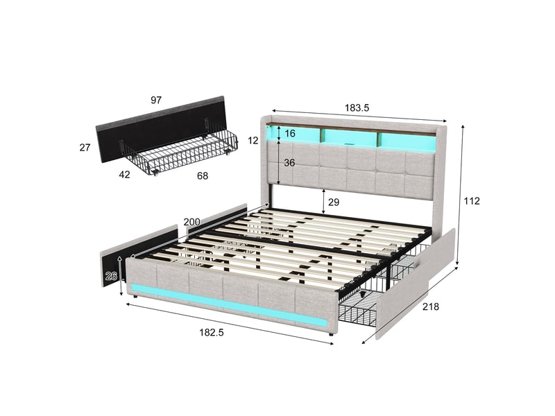  Lit double adulte 180x200 cm avec 4 tiroirs et led rgb, king size, tête de lit avec étagère et ports usb, lit capitonné en lin, beige  - Conforama E