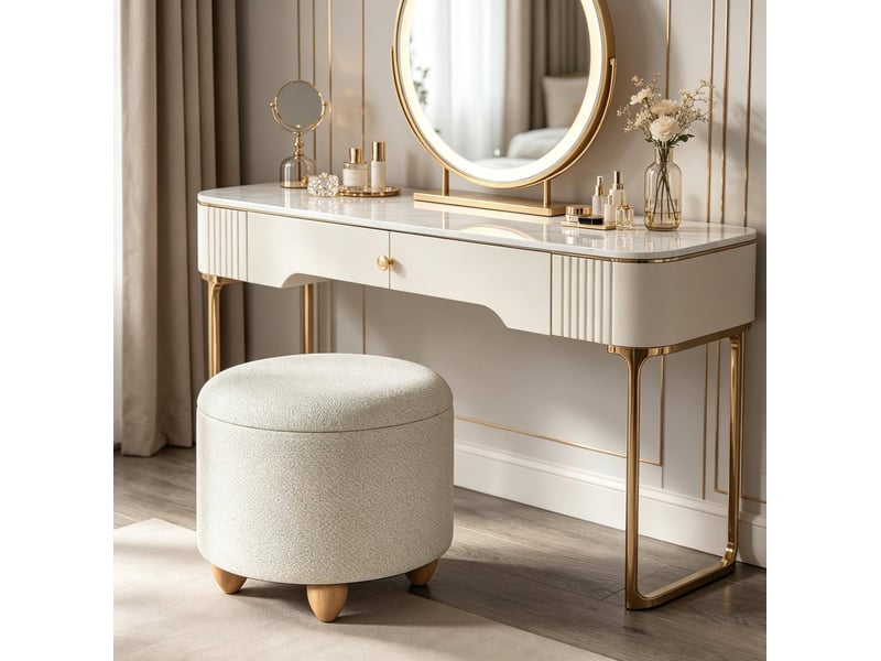  Pouf de rangement rond 39x39x33 cm blanc crème en lin avec plateau réversible et pieds en bois  - Conforama B