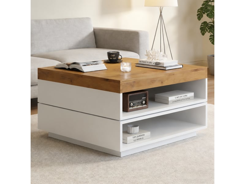 Table basse carrée 65 x 65 x 40 cm, plateau pivotant 360°, led et rangements, blanc et effet chêne - Conforama D