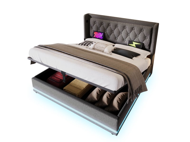  Lit coffre double 160x200 cm avec usb type-c et led 3 côtés coton gris sans matelas  - Conforama A