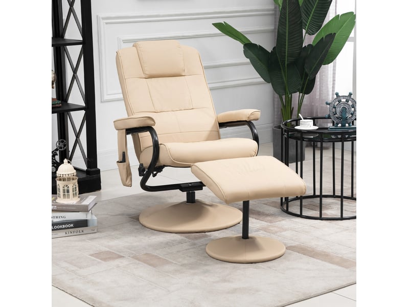  Fauteuil relax massant 77x84x95 cm – blanc crème – dossier inclinable, rotation 360° et repose-pieds  - Conforama B