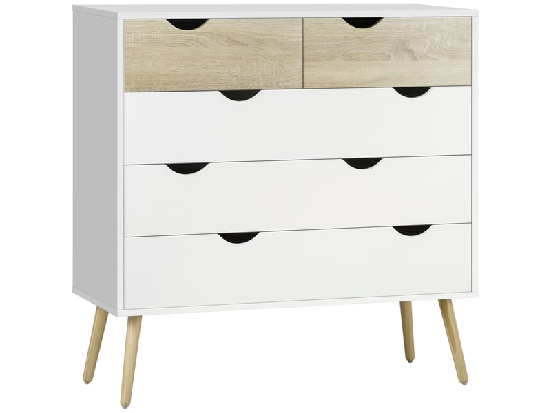  Commode 5 tiroirs design scandinave meuble de rangement chambre panneau de particules 99 x 39 x 101 cm blanc aspect chêne clair  - Conforama A