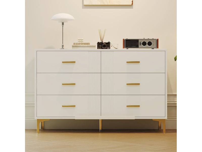  Commode 6 tiroirs 120 x 40 x 76 cm, surface rainurée élégante, mdf, blanc, pieds surélevés anti-humidité  - Conforama B