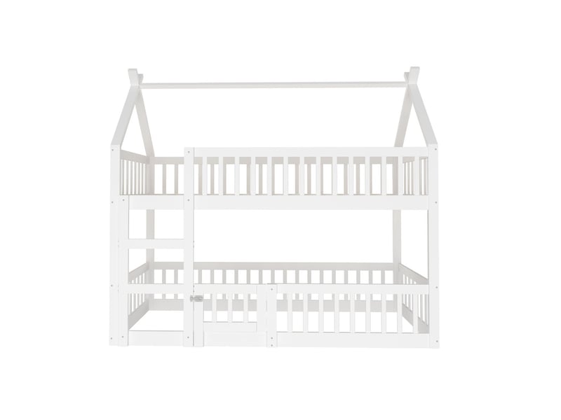  Lit superposé 90x200 - bois massif blanc - lit superposé enfant - design cabane, barrières hautes, porte d'entrée  - Conforama E