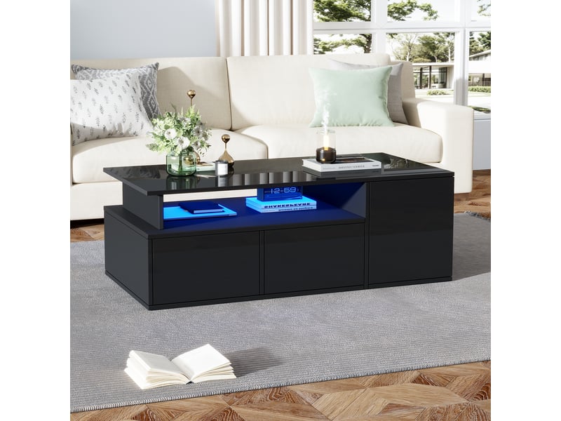  Table basse rectangulaire noir avec 2 tiroirs - 50x100 cm led panneau de particules table basse noir - Conforama E