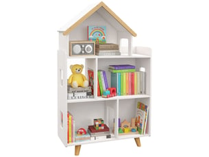 Étagère de rangement pour jouet enfant et livres forme de maison 3 niveaux  blanc et naturel 65 x 25 x 108,5 cm
