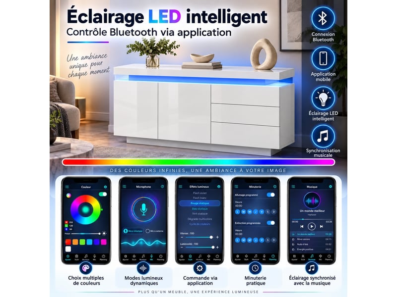  Buffet 140x35x72,5 cm avec led rgb, 2 portes, 3 tiroirs, commande app, haute brillance, blanc  - Conforama D