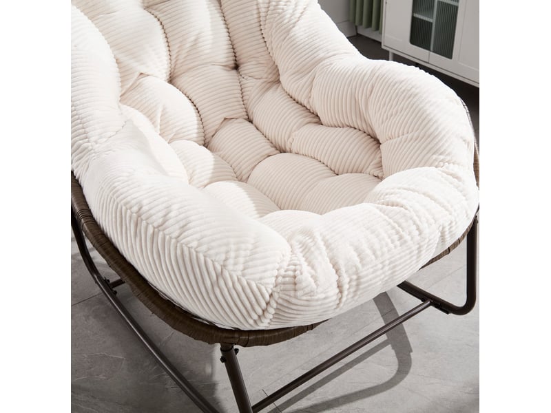 Fauteuil à bascule extérieur en résine tressée blanche avec coussin, structure acier, détente au jardin - Conforama D