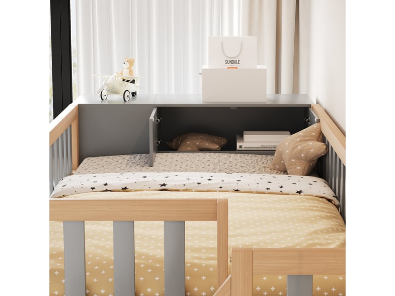  Lit mezzanine 90x200 cm avec étagères et armoire, lit enfant avec échelle de sécurité, gris + bois naturel, lit 1 personne  - Conforama W